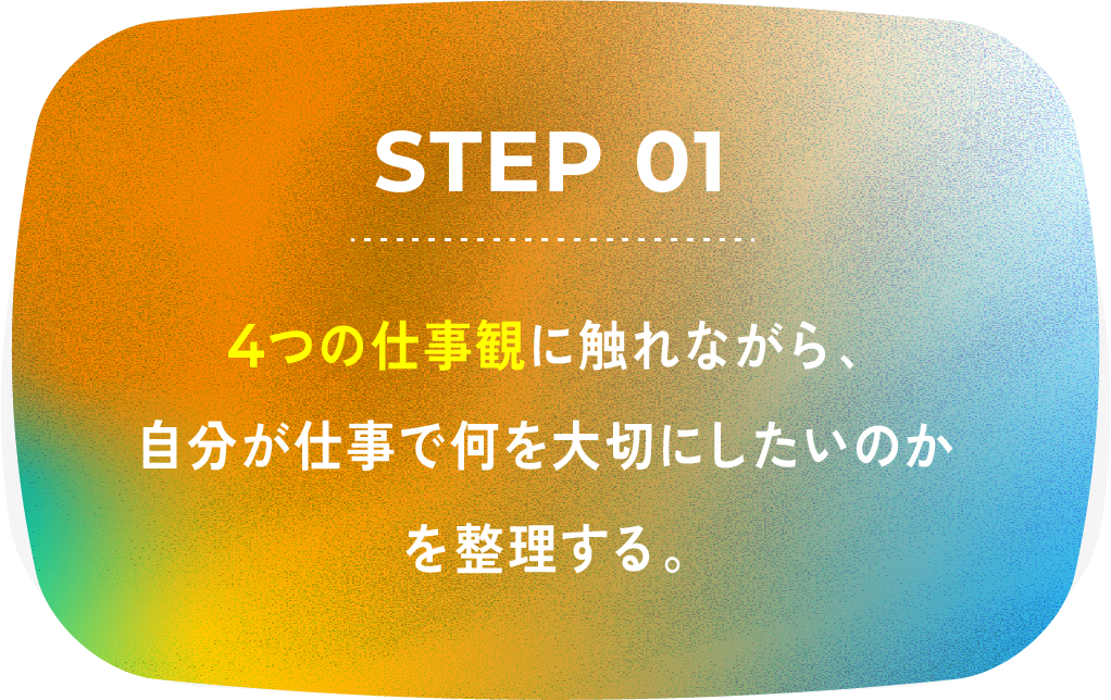 STEP 01 4つの仕事観に触れながら、自分が仕事で何を大切にしたいのかを整理する。